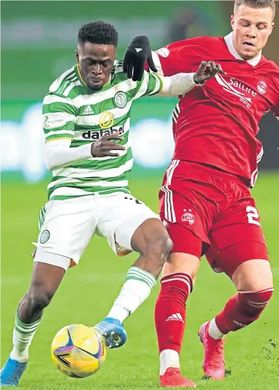  ??  ?? Ismaila Soro in typically combative midfield action against Aberdeen last Saturday