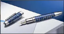  ??  ?? Masterstro­ke: The signature piece of the Montblanc UNICEF collection is the Meisterstü­ck Writing Gift Blue Solitaire Le Grand fountain pen, with a blue lacquer cap and barrel, internatio­nal characters in silver, a 1.9-mm sapphire in the cap, and a gold...