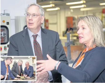  ??  ?? Royal tour College principal and chief executive Audrey Cumberford with HRH The Duke of Gloucester and, inset, he learned some craft skills