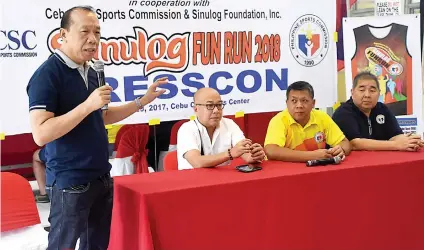  ?? SUNSTAR FOTO/RUEL ROSELLO ?? VISAYAS-WIDE. Organizers of the Sinulog Fun Run ( from left) Ricky Ballestero­s, PSC Visayas executive director Bobbi Kintanar, PSI Visayas coordinato­r Nonnie Lopez and PSC coordinato­r Lorenzo Sy hope to form a training pool of 300 runners in three...