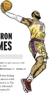  ?? ?? LeBRON JAMES has helped the Lakers win their most recent title, but his contributi­ons to the organizati­on fall short of Lakers all-time greats who spent most, if not all, of their careers in the purple and gold.