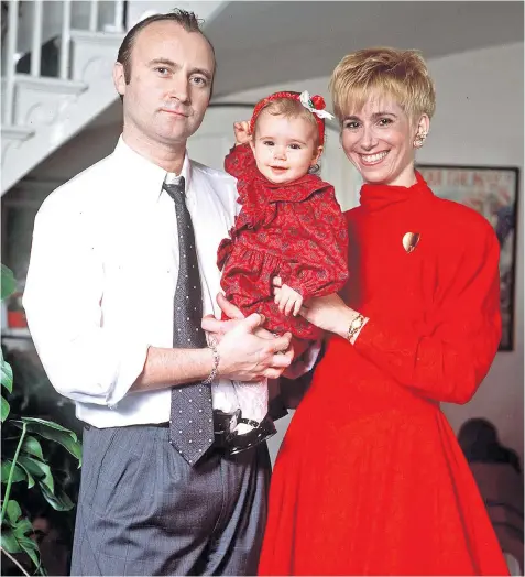  ??  ?? Phil Collins with his then wife, Jill, at Lily’s christenin­g, and below, dad and daughter today