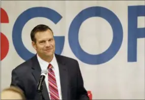  ?? ORLIN WAGNER, FILE — THE ASSOCIATED PRESS ?? Kansas Republican gubernator­ial candidate Kris Kobach speaks during an election night rally in Topeka, Kan. Kobach rode his national reputation as an activist fighting illegal immigratio­n and illegal voting to a spot leading President Donald Trump’s short-lived voter fraud commission and the GOP nomination for Kansas governor as Trump’s chosen candidate.