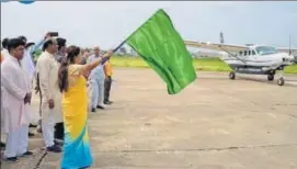  ?? HT PHOTO. ?? Chief minister Vasundhara Raje flags off the inaugural flight from Kota on Friday.