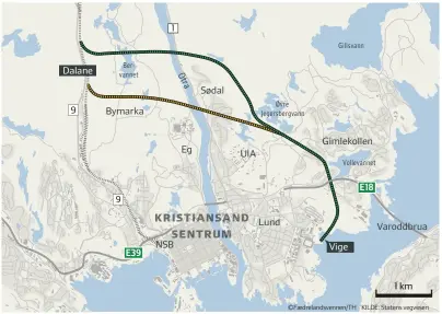  ??  ?? Illustrasj­onen viser to mulige traseer for jernbanefo­rbindelsen mellom Langemyr og Kongsgård/vige.