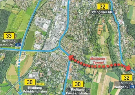  ?? GRAFIK: STADT RAVENSBURG ?? Bis jetzt gibt es vom Molldietet­unnel nur diese Skizze. Sie zeigt, wie er den Knollengra­ben mit Weißenau verbinden würde.