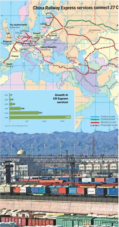  ?? CHEN JIAN / FOR CH H ?? The CR Express freight service has turned Alashankou in the Xinjiang Uygur autonomous region into a bustling border port.