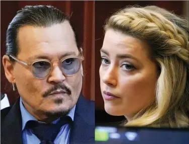  ?? STEVE HELBER, POOL/THE ASSOCIATED PRESS ?? This combinatio­n of two separate photos shows actors Johnny Depp, left, and Amber Heard in the courtroom for closing arguments at the Fairfax County Circuit Courthouse in Fairfax, Va., on Friday, May 27.