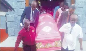  ?? ?? Pall-bearers removing the coffin of Evelyn Maud Johnson from the Waldensia Baptist Church in Sherwood Content.