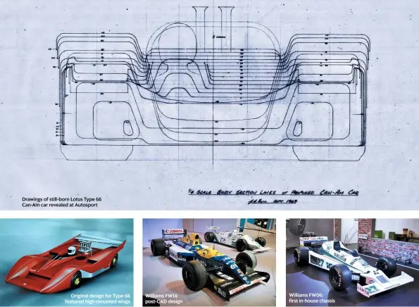  ??  ?? Drawings of still-born Lotus Type 66 Can-am car revealed at Autosport Original design for Type 66 featured high-mounted wings Williams FW14: post-cad design Williams FW06: first in-house chassis