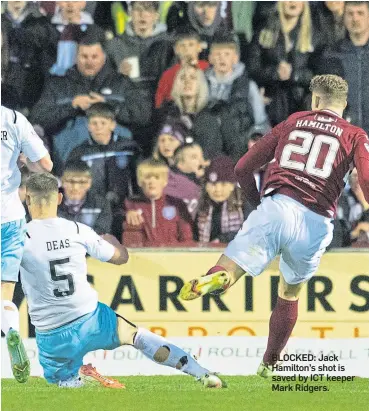  ?? ?? BLOCKED: Jack Hamilton’s shot is saved by ICT keeper Mark Ridgers.