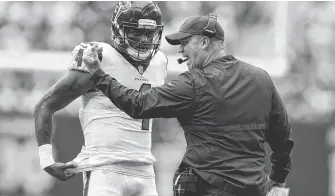  ?? Michael Ciaglo / Staff photograph­er ?? Texans coach Bill O'Brien, right, must figure out a way to keep quarterbac­k Deshaun Watson in one piece against the Jaguars’ intense pass rush Sunday.