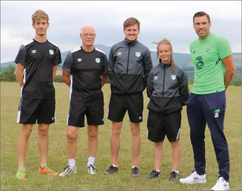  ??  ?? THE GAFFERS: Mart Bailac Gonzalez, Gerry Fitzgibbon, Adam Rochford, Amy guilfoyle and Richard Fitzgibbon, FAI Developmen­t Officer in Wicklow. Not in the photo: Coach Sean Mulligan and head coach Jim Barnes.