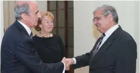  ??  ?? Chief Justice Dr S. Camilleri being welcomed by Ambassador Maria Krasnohors­ka and Honorary Consul Godwin E. Bencini