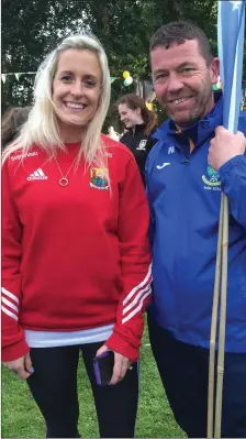  ??  ?? Cork Senior Brid Stack and Kilshannig Ladies Chairperso­n Pascal Ring enjoying the party after the Feile Parade in Kanturk.