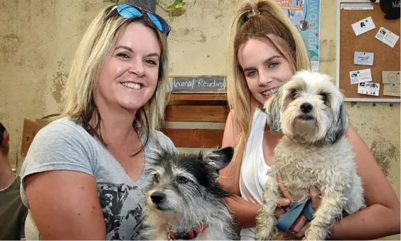  ??  ?? BARKING UP SUPPORT: At Bar Wunder after the Belle Vie Animal Rescue Pawathon are (from left) Sarah Wallace with Roxxi and Mia Fox with Bella.Photo: Bev Lacey