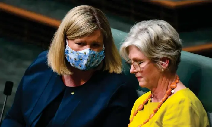  ?? Photograph: Lukas Coch/AAP ?? Liberal member for Bass, Bridget Archer (left), crossed the floor to support independen­t MP Helen Haines’ push to establish a federal integrity commission.