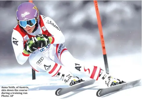  ??  ?? Anna Veith, of Austria, skis down the course during a training run Photo: AP