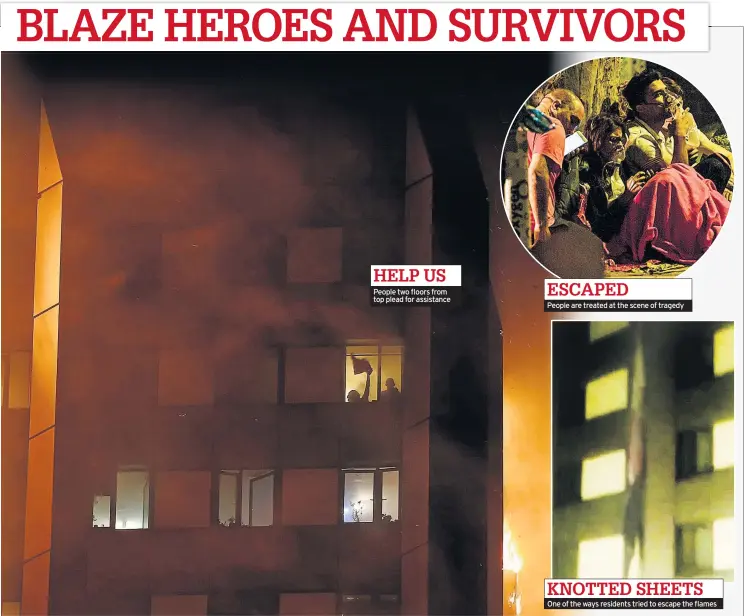  ??  ?? HELP US People two floors from top plead for assistance ESCAPED People are treated at the scene of tragedy KNOTTED SHEETS One of the ways residents tried to escape the flames