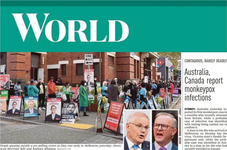  ?? AGENCIES PIX ?? People queuing outside a pre-polling centre as they vote early in Melbourne yesterday. (Inset) Scott Morrison (left) and Anthony Albanese.