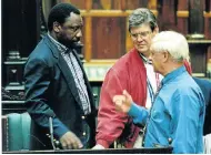  ?? Picture: Sunday Times ?? Cyril Ramaphosa, Leon Wessels and Viljoen discuss a finer point of the transition at the Codesa talks.