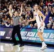  ?? ASSOCIATED PRESS ?? CONNECTICU­T’S KIA NURSE REACTS after hitting a 3-point basket in the first half of a second-round game against Syracuse in the NCAA Tournament on Monday in Storrs, Conn.