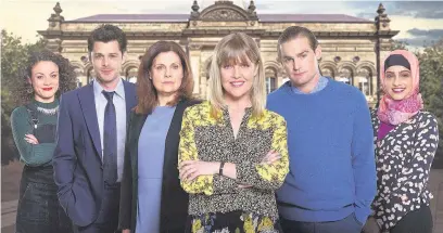  ??  ?? From left, Anna (Rochenda Sandall), Rick (Kenny Doughty), Judy (Rebecca Front), Kate (Ashley Jensen), Jamie (Mark Stanley) and Talia (Mandip Gill)