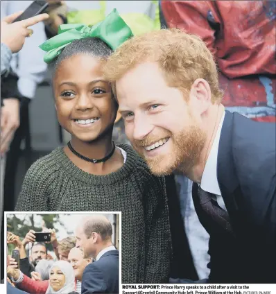  ?? PICTURES: PA WIRE ?? ROYAL SUPPORT: Prince Harry speaks to a child after a visit to the Support4Gr­enfell Community Hub; left, Prince William at the Hub.