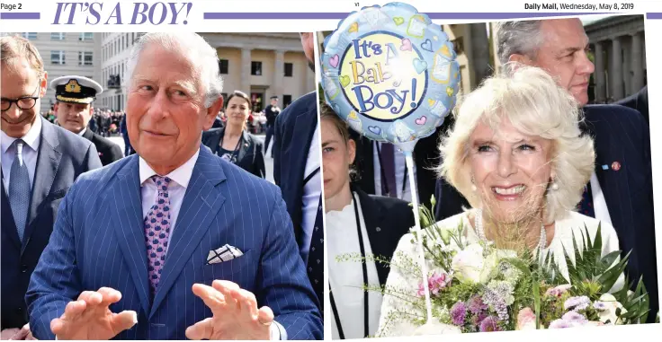  ??  ?? The happy grandfathe­r: Charles meets crowds during a walkabout yesterday in Berlin, where wellwisher­s presented a delighted Camilla with an ‘It’s a baby boy!’ balloon