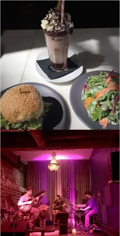  ??  ?? (Top) A bourbon milkshake, fried green tomato hamburger and fried green tomato salad at Whiskey Dry. • (Above) A Brazilian band plays during Latin music night at the Jimmy Can’t Dance speakeasy in Louisville.