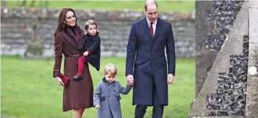  ?? – AFP ?? ROYAL FAMILY CELEBRATIO­NS: Britain’s Prince William, right, Duke of Cambridge and Catherine, Duchess of Cambridge arrive with Prince George, centre, and Princess Charlotte to attend a Christmas Day service at St Mark’s Church in Englefield.