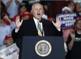  ?? THE ASSOCIATED PRESS FILE ?? Rush Limbaugh introduces President Donald Trump at the start of a rally on Nov. 5, 2018, in Cape Girardeau, Mo.
