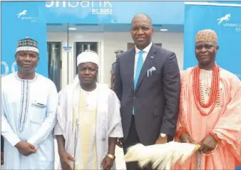  ??  ?? Vice Chairman, Bwari Local Government Area, Abuja, Honourable Ahmed Nagimba; Representa­tive of the Etsu of Bwari, High Chief Bulus Yerima; Transforma­tion Director , Union Bank, Joe Mbulu and Oba Yoruba of Byazin Land, Kubwa, H.R.M Oba Olu Adeoye, at the launch of the new Union Bank branch in Kubwa, Abuja recently