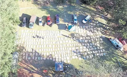  ??  ?? Vista aérea. La marihuana incautada en la selva misionera fue exhibida por la Gendamería Nacional.