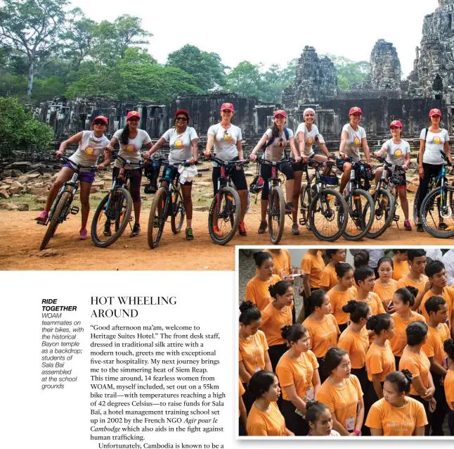  ??  ?? WOAM teammates on their bikes, with the historical Bayon temple as a backdrop; students of Sala Baï assembled at the school grounds