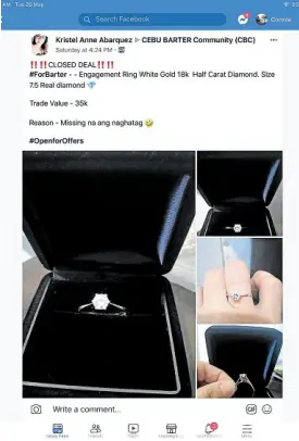  ?? FROM CBC FACEBOOK PAGE —PHOTO ?? LOVE SYMBOL An engagement ring is one of the items offered through the Cebu Barter Community (CBC).