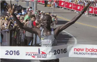  ?? HERALD FILE PHOTO ?? GOING FORTH: Steven Sambu, shown winning last year’s race, will try to become the first four-time men’s winner of the Falmouth Road Race today.