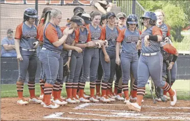  ?? Scott Herpst ?? Lafayette senior third baseman Sam Adkins steps on home plate following a three-run homerun in the Lady Ramblers’ home opener against Ringgold last Monday.