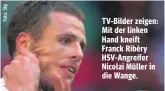  ??  ?? TV-Bilder zeigen: Mit der linken Hand kneift Franck Ribéry HSV-Angreifer Nicolai Müller in die Wange.