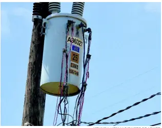  ?? KENYON HEMANS/PHOTOGRAPH­ER ?? A web of throw-up lines are seen connected to Jamaica Public Service Company equipment in New Haven, St Andrew, on Saturday. Inner-city residents have not only been mounting throw-ups but sometimes run them undergroun­d to make detection more difficult.