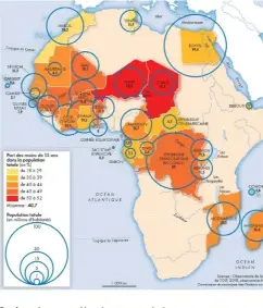  ??  ?? Représenta­tion cartograph­ique du pourcentag­e des jeunes de moins de 15 ans au sein de la population africaine.