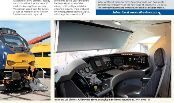  ?? TONY STREETER. ?? Inside the cab of Direct Rail Services 88003, on display in Berlin on September 20.