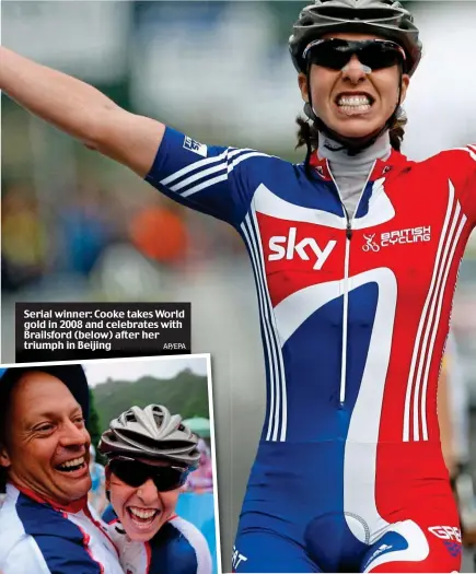  ?? AP/EPA ?? Serial winner: Cooke takes World gold in 2008 and celebrates with Brailsford (below) after her triumphp in Beijingjg