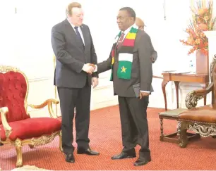  ?? — Pictures: Justin Mutenda ?? President Mnangagwa welcomes Belarus Foreign Minister Mr Sergei Aleinik at State House in Harare yesterday.