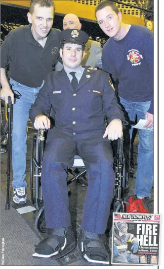  ??  ?? Calls the claims “pure lying.” HEROES: Firefighte­r Joseph DiBernardo (middle) died in 2011, but his family and Jeffrey Cool (left) and Brendan Cawley (right) shared in $29.5 million paid by the city after a deadly 2005 Bronx blaze (inset).