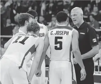  ?? FERNANDO LLANO/THE ASSOCIATED PRESS ?? Canada’s coach James Triano, right, speaks with his players during a FIBA World Cup qualifying basketball game against Venezuela in 2013. He’s back coaching this year, and with an Olympic spot on the line this time, Canada enjoys more NBA talent that the others in the tournament.