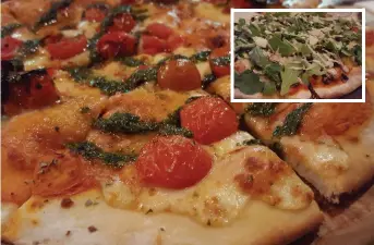  ??  ?? The Margherita pizza and, inset, the mushroom and roquette pizza. Below, the pork belly and bacon pizza