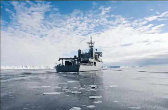  ?? Photo: NEW ZEALAND DEFENCE FORCE ?? Icy seas: The offshore patrol vessel HMNZS Wellington off the Antarctic coast last year. Researcher­s are puzzled by unusual pulses of warm Southern Ocean currents that are circulatin­g Antarctica.