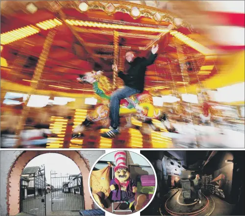  ?? PICTURES: SIMON HULME. ?? ALONG FOR THE RIDE: Main picture, Carl Vince goes for one last spin on the carousel. From left, the deserted main street, an item in the auction and the ghost ride.