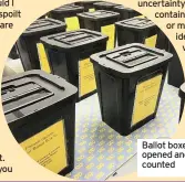  ??  ?? Ballot boxes ready to be opened and the votes counted
